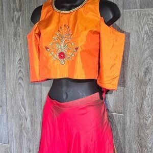 Violet Orange Red Ombre Lehenga‎ Choli Cold Shoulder Embroidered 0/2 Bollywood